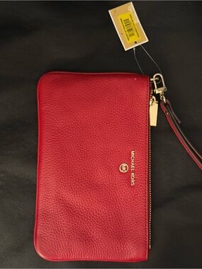 Michael Kors Red Pebbled Leather Wristlet Clutch with Gold Accents